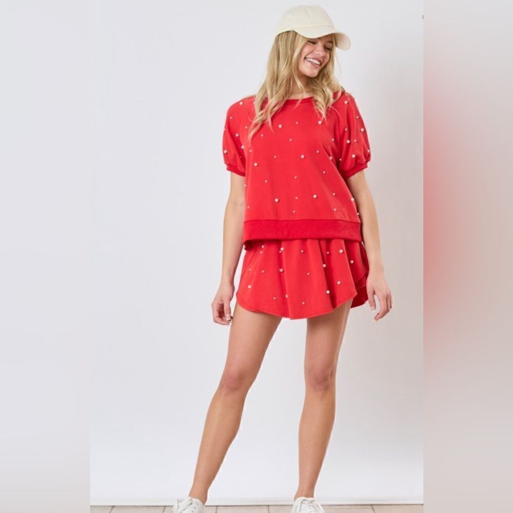 076. PEARL EMBELLISHED RED TERRY SKORT - Picture 7 of 8